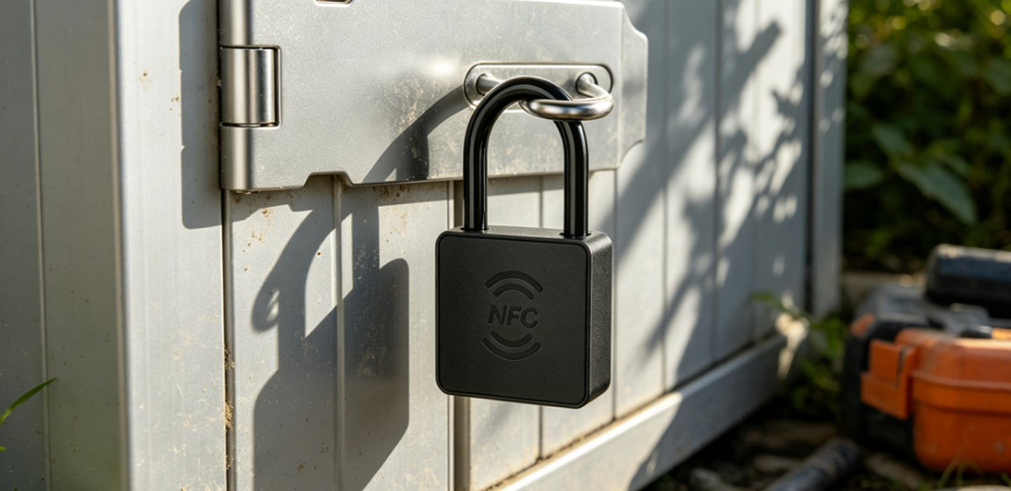 Mbowel Lite padlock securing an outdoor shed