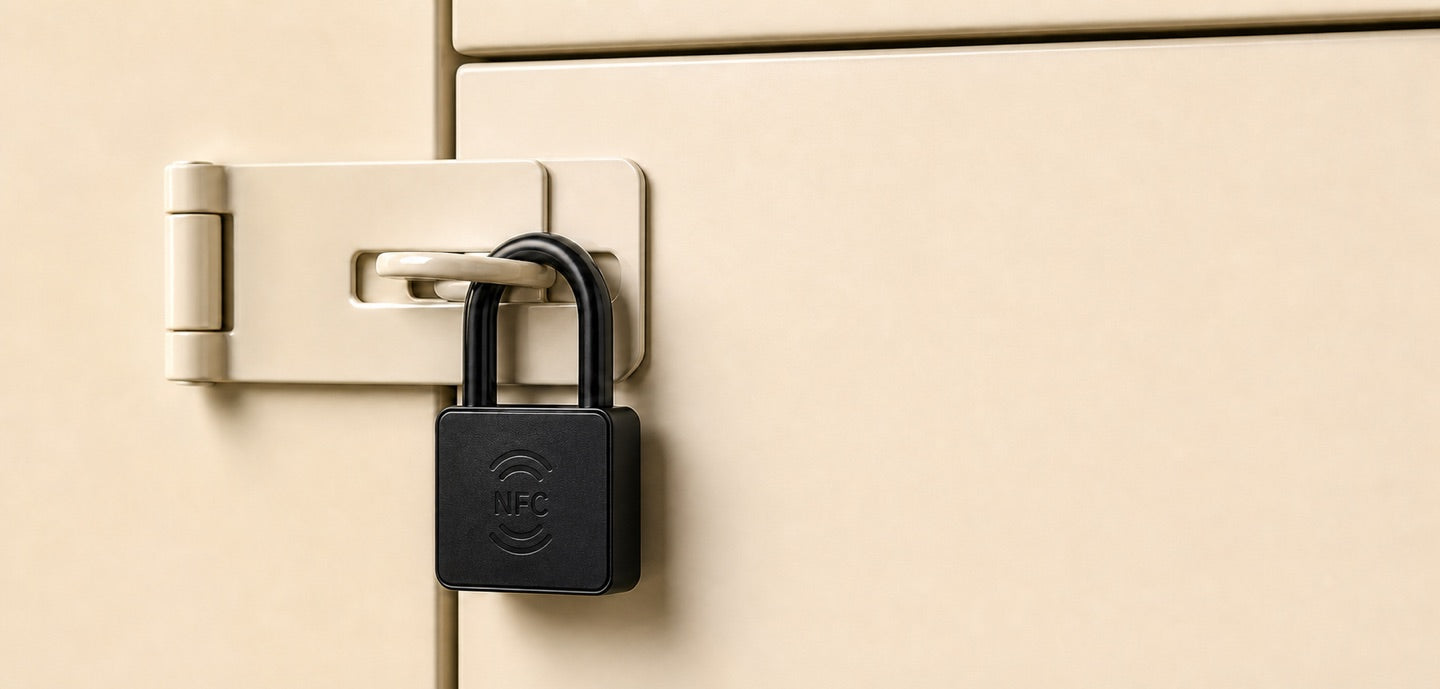 Black NFC padlock secured to a cream storage cabinet